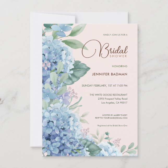 Invitación Hydrangea Rubor Pink Dusty Blue Bridal Shower (Anverso)