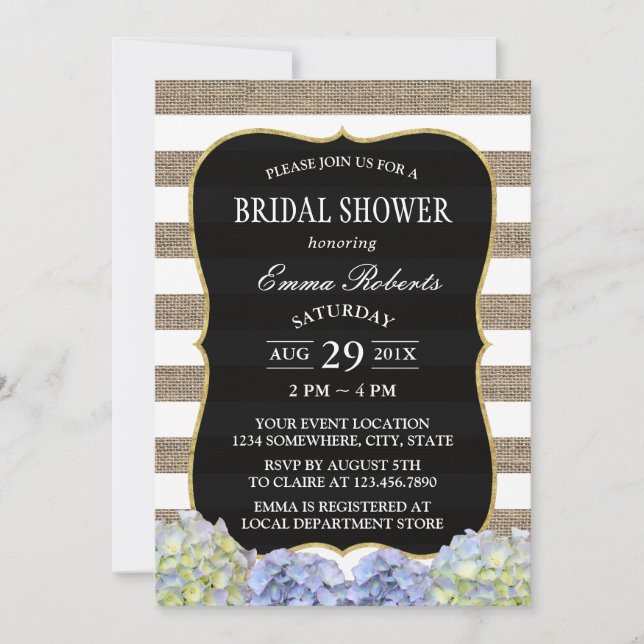 Invitación Hydrangea Rustic Burlap Stripes Bridal Shower (Anverso)