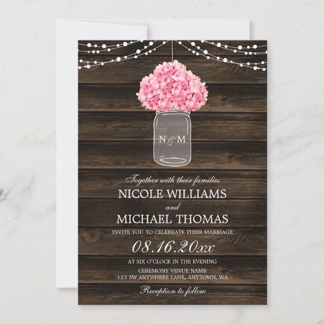 Invitación Hydrangea Rustic Pink Mason Jar Barn Wood Boda (Anverso)