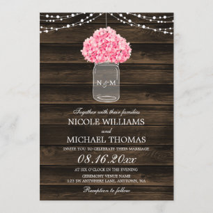 Invitación Hydrangea Rustic Pink Mason Jar Barn Wood Boda