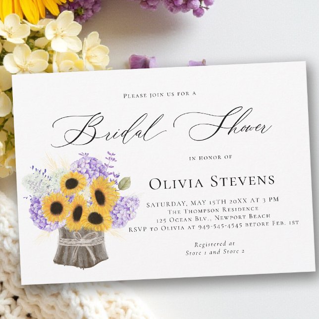 Invitación Hydrangea Sunflowers Lilac Rustic Bridal Shower (bridal shower invitation sunflower lilac hydrangea rustic elegant barn outdoors garden backyard)