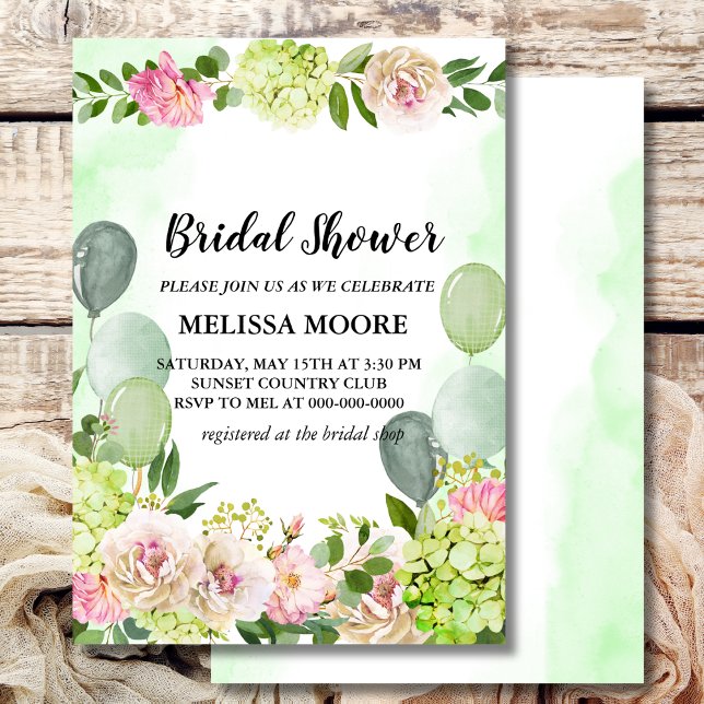 Invitación Hydrangea Verde Balones florales rosas Ducha de no (Subido por el creador)