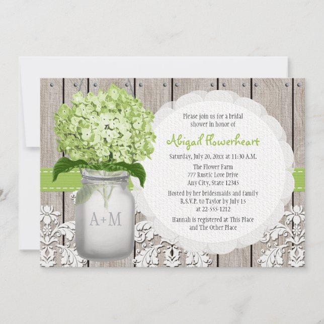 Invitación Hydrangea verde Monograma Mason Jar Ducha de novia (Anverso)