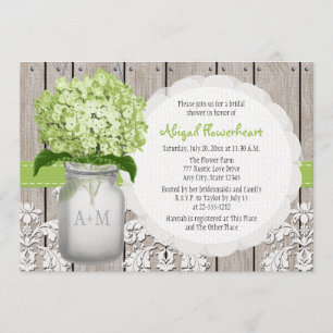 Invitación Hydrangea verde Monograma Mason Jar Ducha de novia
