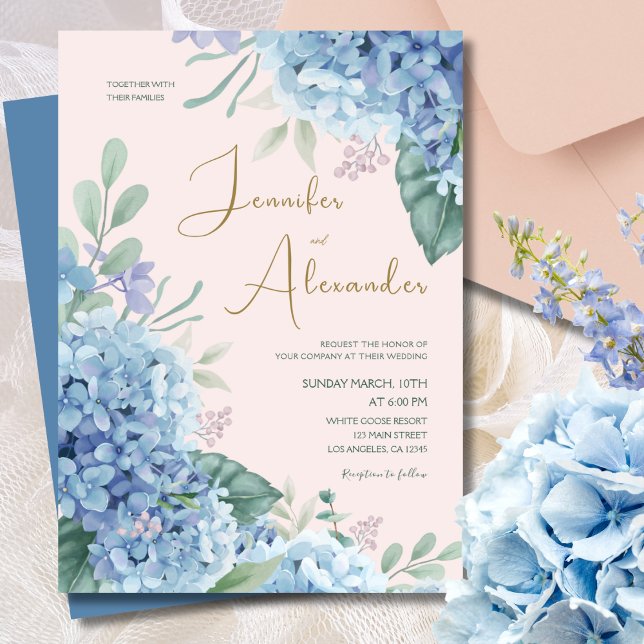 Invitación Hydrangea Watercolor Rubor Boda azul turbio rosado (Subido por el creador)