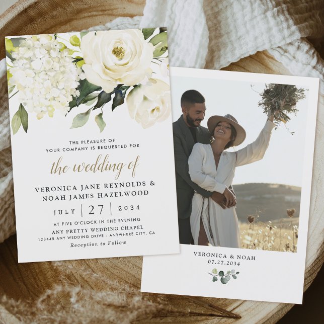 Invitación Hydrangea White Rose Garden Greenery Boda de fotog (Subido por el creador)