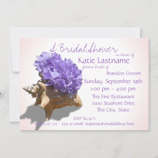 Invitación Hydrangea y Seashell Bridal Shower Lavender (Anverso)