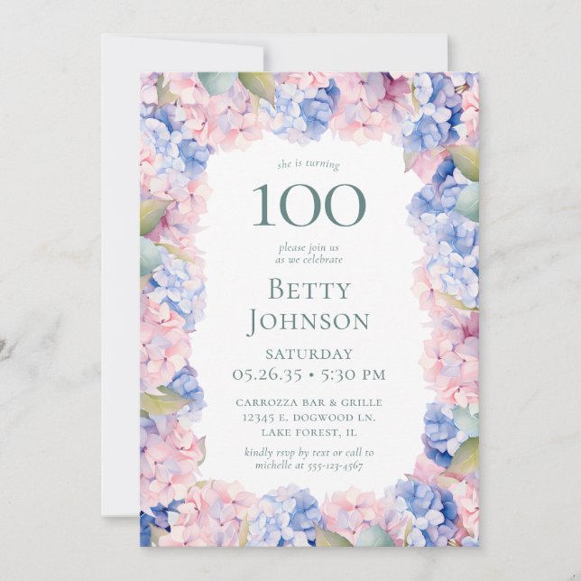 Invitación Hydrangeas 100.ª fiesta de cumpleaños (Anverso)
