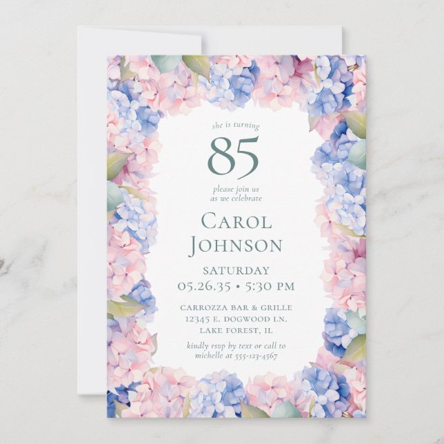 Invitación Hydrangeas 85ª fiesta de cumpleaños (Anverso)
