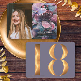 Invitación Hydrangeas azul púrpura dorada 18ª foto de cumplea