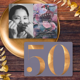 Invitación Hydrangeas azul púrpura dorada 50.ª foto de cumple