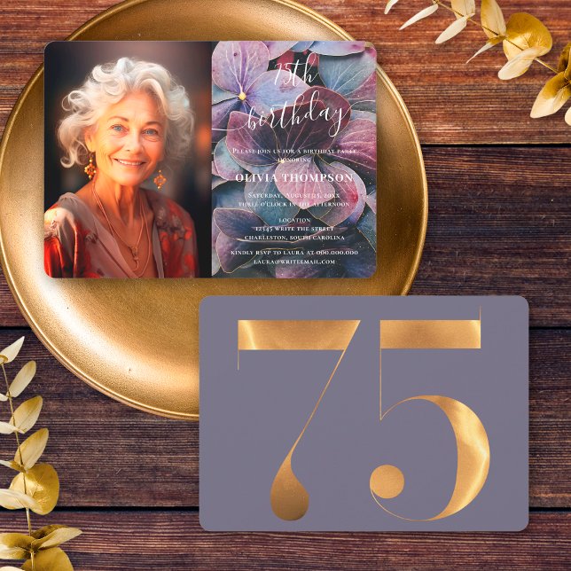 Invitación Hydrangeas azul púrpura dorada 75ª foto de cumplea (Front / Back)