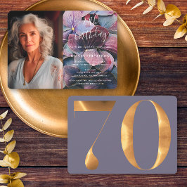 Invitación Hydrangeas azul púrpura dorada Foto de cumpleaños