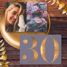 Invitación Hydrangeas azul púrpura dorada foto de cumpleaños