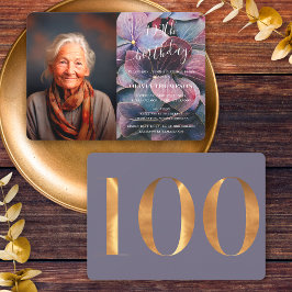 Invitación Hydrangeas azul púrpura dorado 100.ª foto de cumpl
