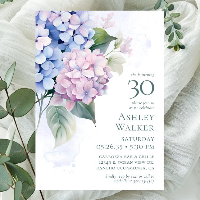 Invitación Hydrangeas azul rosado 30 Fiesta de cumpleaños (Subido por el creador)