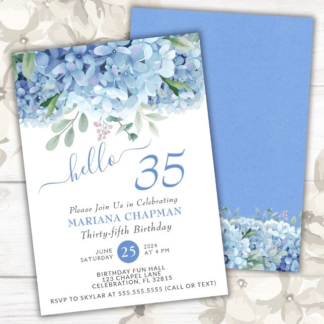 Invitación Hydrangeas Azules Acuarela Floral 35 Cumpleaños (Subido por el creador)