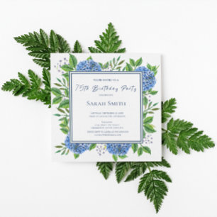 Invitación Hydrangeas Azules Aquarela Fiesta de Cumpleaños 75