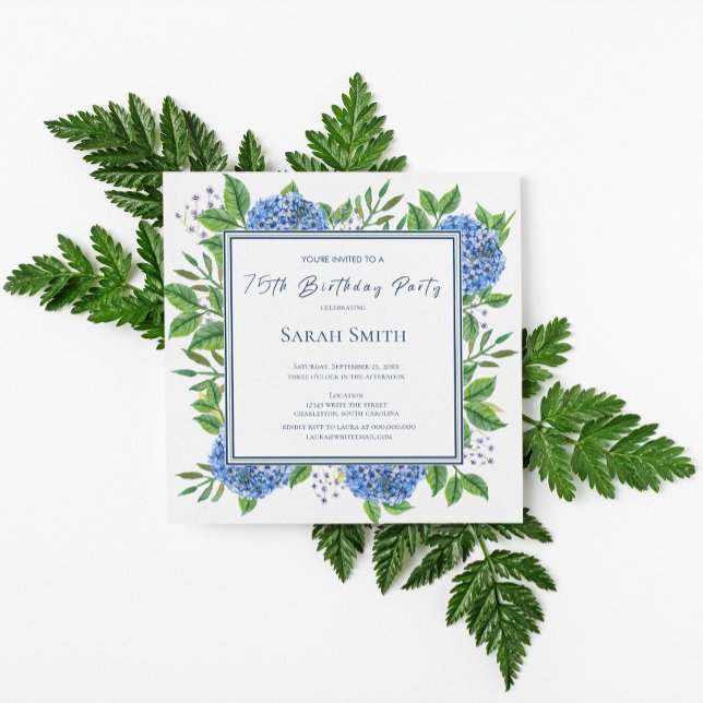 Invitación Hydrangeas Azules Aquarela Fiesta de Cumpleaños 75 (Subido por el creador)