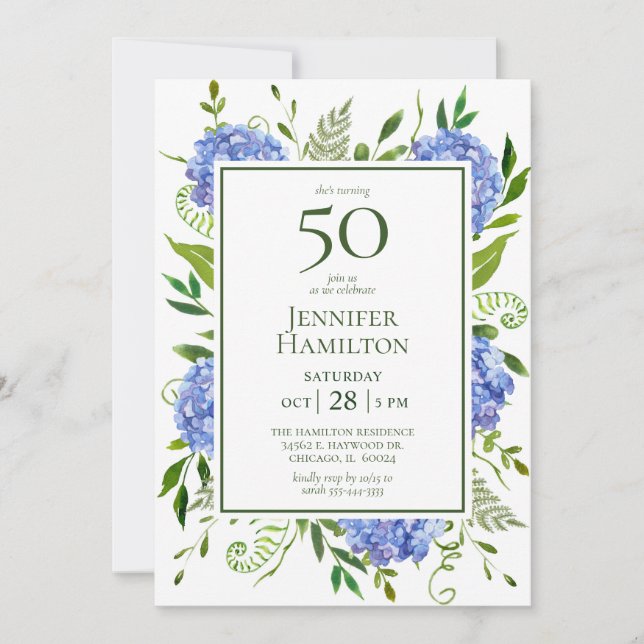 Invitación Hydrangeas Azules Cumpleaños 50 (Anverso)