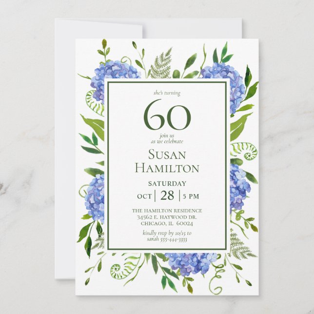 Invitación Hydrangeas Azules Cumpleaños 60 (Anverso)