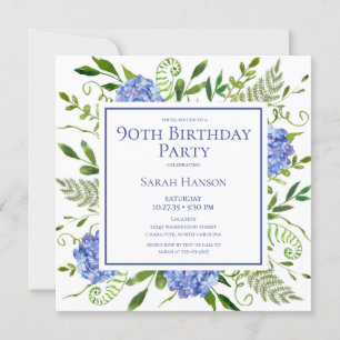 Invitación Hydrangeas Azules Cumpleaños 90 Acuarela Floral