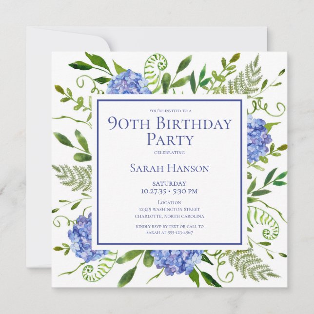 Invitación Hydrangeas Azules Cumpleaños 90 Acuarela Floral (Anverso)