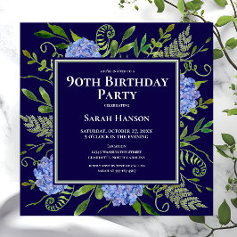 Invitación Hydrangeas Azules Cumpleaños 90 Acuarela Floral