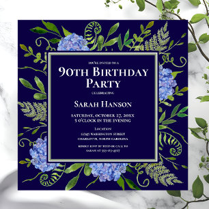 Invitación Hydrangeas Azules Cumpleaños 90 Acuarela Floral