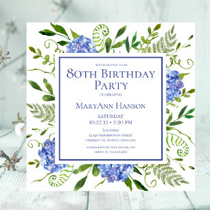 Invitación Hydrangeas Azules para Cumpleaños 80 Acuarela Flor