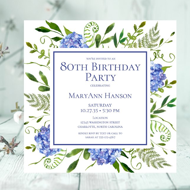 Invitación Hydrangeas Azules para Cumpleaños 80 Acuarela Flor (Subido por el creador)