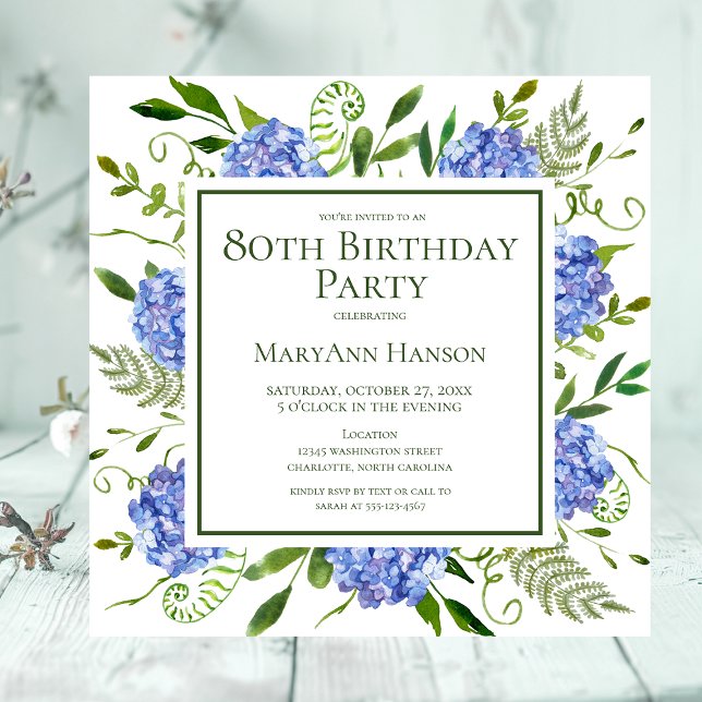 Invitación Hydrangeas Azules para Cumpleaños 80 Acuarela Flor (Subido por el creador)