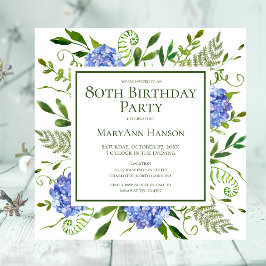 Invitación Hydrangeas Azules para Cumpleaños 80 Acuarela Flor