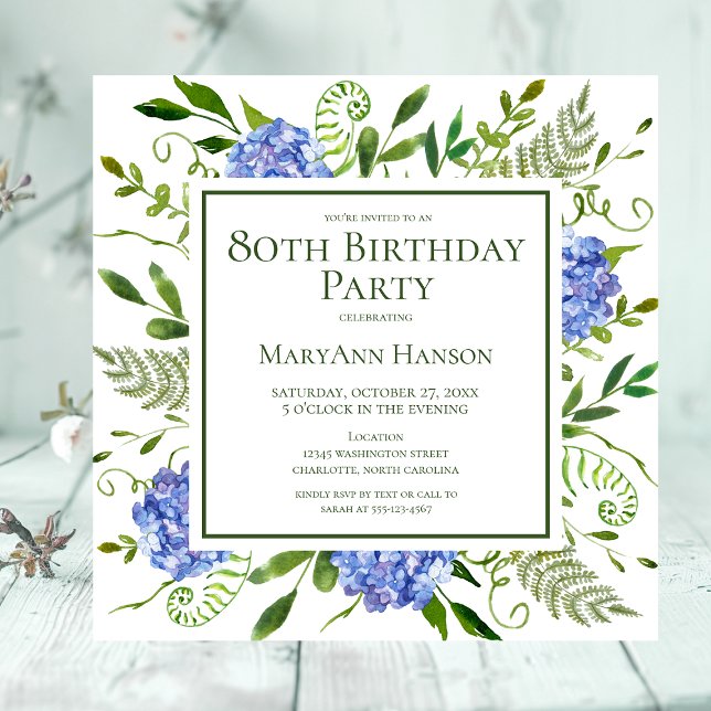 Invitación Hydrangeas Azules para Cumpleaños 80 Acuarela Flor (Subido por el creador)