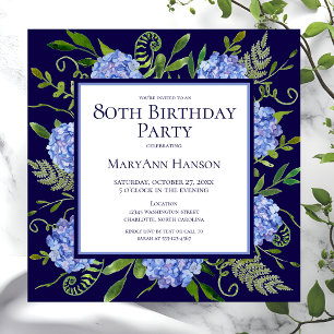 Invitación Hydrangeas Azules para Cumpleaños 80 Acuarela Flor