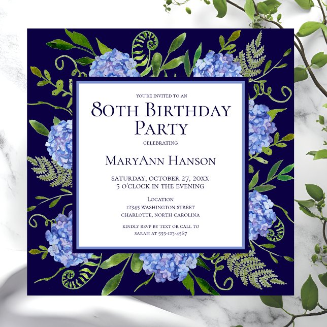 Invitación Hydrangeas Azules para Cumpleaños 80 Acuarela Flor (Subido por el creador)