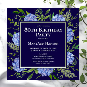 Invitación Hydrangeas Azules para Cumpleaños 80 Acuarela Flor