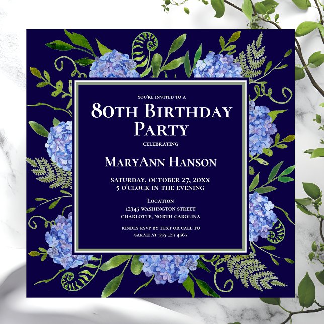 Invitación Hydrangeas Azules para Cumpleaños 80 Acuarela Flor (Subido por el creador)