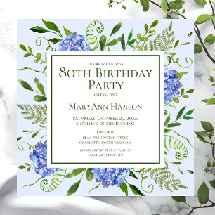 Invitación Hydrangeas Azules para Cumpleaños 80 Acuarela Flor
