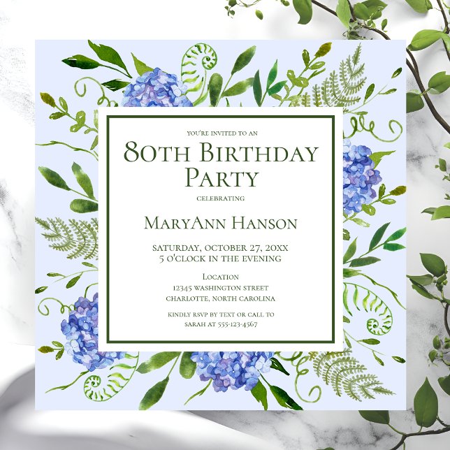 Invitación Hydrangeas Azules para Cumpleaños 80 Acuarela Flor (Subido por el creador)