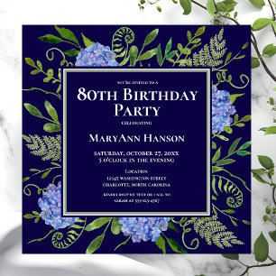 Invitación Hydrangeas Azules para Cumpleaños 80 Acuarela Flor