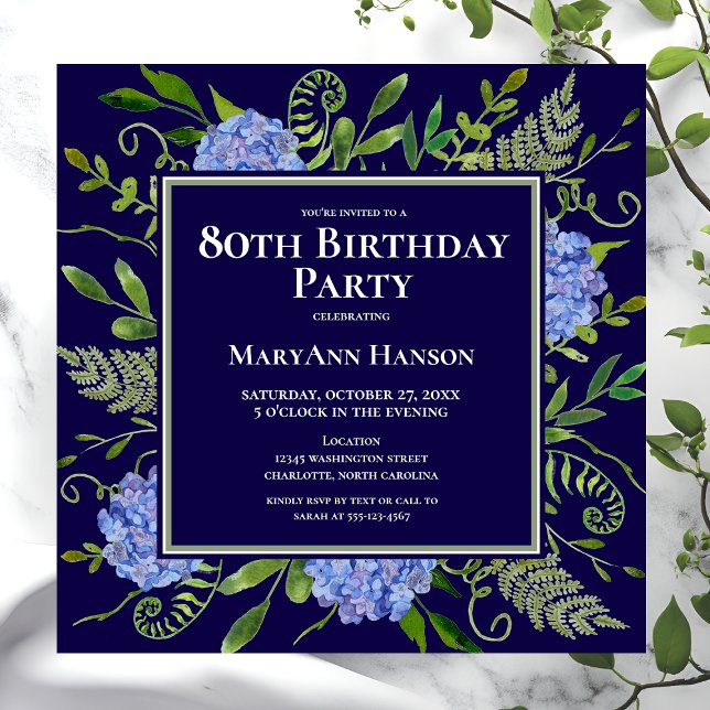 Invitación Hydrangeas Azules para Cumpleaños 80 Acuarela Flor (Subido por el creador)