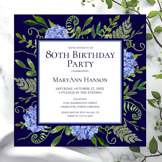 Invitación Hydrangeas Azules para Cumpleaños 80 Acuarela Flor (Subido por el creador)