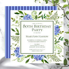 Invitación Hydrangeas Azules para Cumpleaños 80 Acuarela Flor