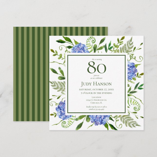 Invitación Hydrangeas Azules para el 80 Cumpleaños (Anverso / Reverso)