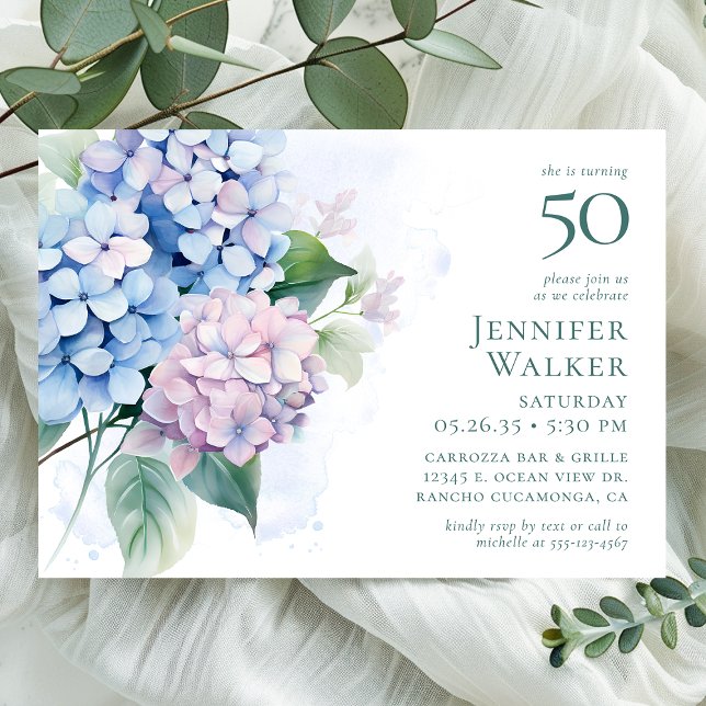 Invitación Hydrangeas Azules Rosadas Cumpleaños 50 (Subido por el creador)