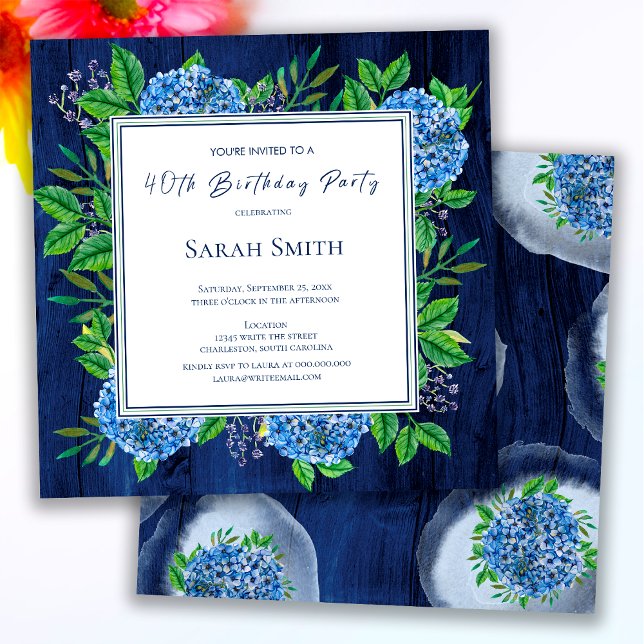 Invitación Hydrangeas Azules Rústicas de Madera Cumpleaños 40 (Subido por el creador)