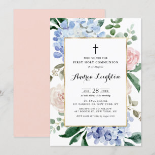 Invitación Hydrangeas Azules y Rosas Rosadas Primera Santa Co