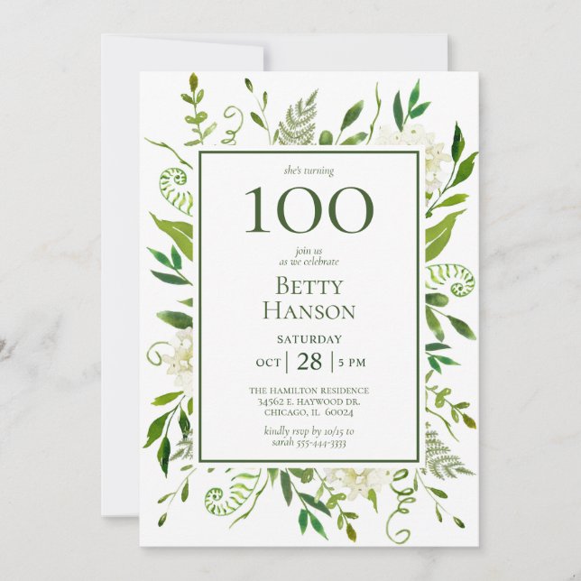 Invitación Hydrangeas Blancas Cumpleaños 100 (Anverso)