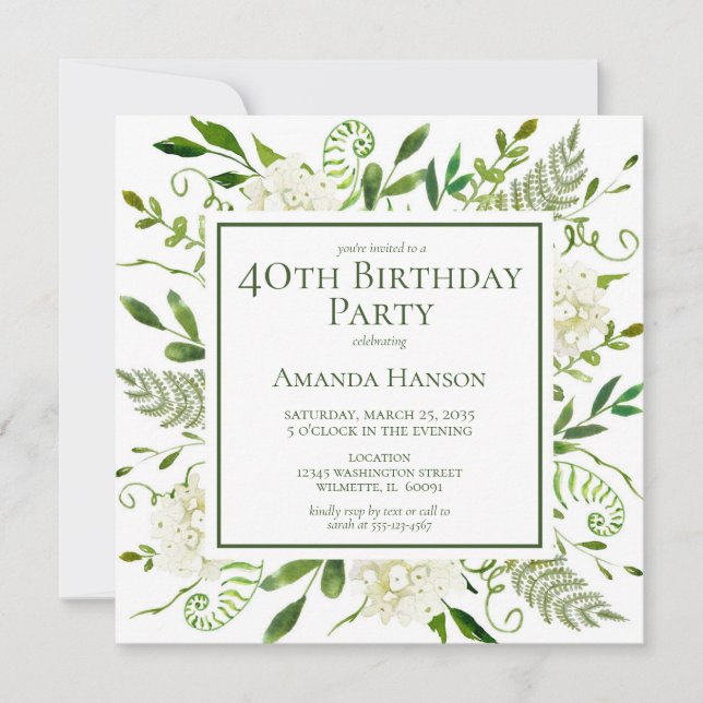 Invitación Hydrangeas Blancas Cumpleaños 40 (Anverso)
